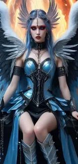 Ethereal angel with blue wings in fantasy art.