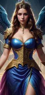 Angelic warrior with ornate armor and wings in a fantasy setting.