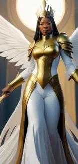 Mobile wallpaper of a golden armored, angelic warrior woman.