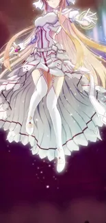 Majestic anime character with blond hair in a flowing dress on a purple background.