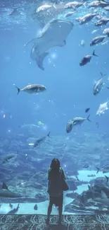 Silhouette at a large aquarium with diverse fish swimming.