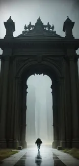 Lone traveler beneath a misty gothic archway.