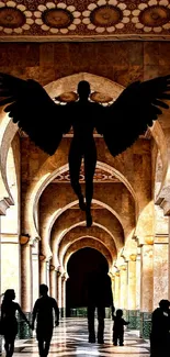 Angel silhouette in golden archway with ornate ceiling.