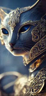 Noble cat donned in golden intricate armor for fantasy wallpaper.