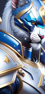 Digital artwork of a blue-armored feline warrior in majestic pose.