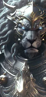 Digital art of a majestic lion in ornate armor with glowing eyes.