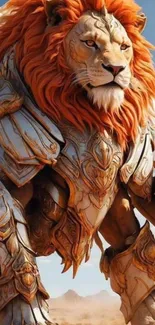 Majestic lion in intricate armor wallpaper.