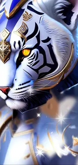 Fantasy white tiger in ornate armor with glowing eyes on a mobile wallpaper.