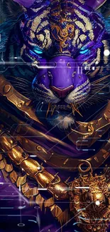 Fantasy art of an armored tiger with purple and gold accents for mobile wallpaper.