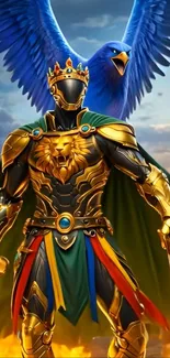 Warrior in golden armor with blue bird backdrop.