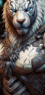 Armored white tiger with glowing blue eyes in fantasy art style.