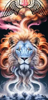 Majestic lion with fiery mane and cosmic background on mobile wallpaper.