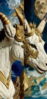 Fantasy unicorn with celestial backdrop in gold armor, featuring moons in space.