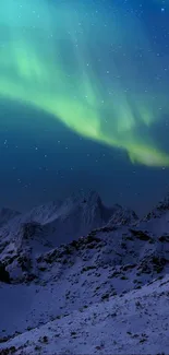 Aurora borealis over snowy mountain at night.