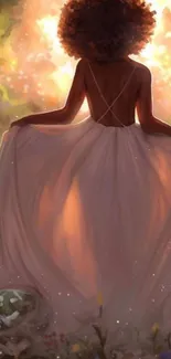 Backlit woman in flowing dress, glowing in nature.