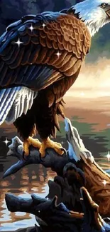 Majestic bald eagle perched by a serene lake.