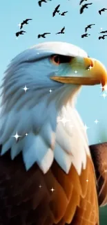 Bald eagle with open wings in nature setting, against blue sky.