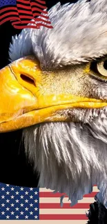 Mobile wallpaper of a bald eagle with an American flag background.