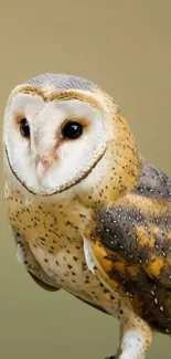 Barn owl perched with beige and brown plumage, ideal for nature-themed wallpaper.