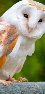 Majestic barn owl perched on a branch with lush green background.