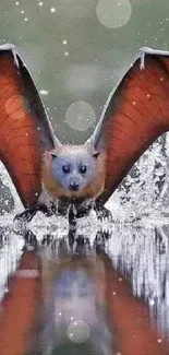 Bat skimming water with wings outstretched, reflecting on surface.