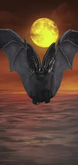 A bat soaring under a full moon above an ocean during twilight.