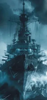 Majestic battleship sailing through a stormy sea with dynamic waves and dark skies.