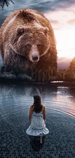 Fantasy wallpaper of a giant bear overlooking a serene lake at sunset.