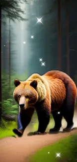 Majestic bear strolling through an enchanted forest surrounded by sparkling stars.