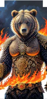 Bear in intricate armor surrounded by flames on a dramatic mobile wallpaper.