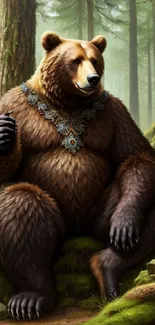 Majestic bear wearing jewelry in a lush green forest setting.