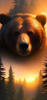 Majestic bear amidst glowing forest at sunset.