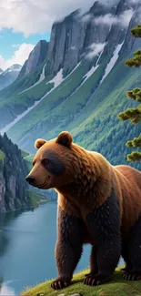 Brown bear in lush mountain landscape with lake.