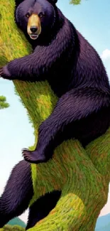 Black bear climbing a tree in a forest setting.