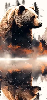 Majestic bear with reflection in a serene forest landscape.