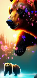 Colorful illustration of bears in a serene forest scene.