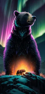 Majestic bear under aurora lights with cub on mountain.