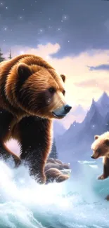 Two bears in a scenic snowy mountain landscape.