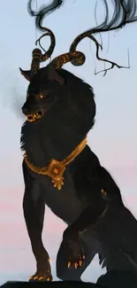 Majestic fantasy beast with golden details and twilight sky background.