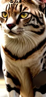 Majestic Bengal cat with striking fur pattern and intense yellow eyes.