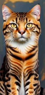 Majestic Bengal cat with orange stripes and black accents on a colorful background