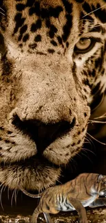 Close-up of a majestic leopard with intense gaze and detailed fur.