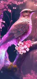 Majestic bird with pink feathers on cherry blossom branch.