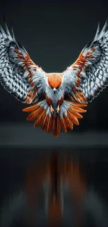 Abstract bird with vibrant wings in flight on dark background.