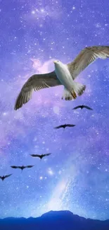 A majestic bird flies through a starry night sky, creating a serene and inspiring scene.