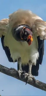 Vulture perched on a branch against blue sky.