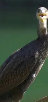 Majestic bird perched with mouth open on a vibrant green background.