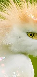 Majestic white bird with orange plumage on green background.