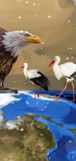 Wallpaper of majestic eagles and storks by a sunset lake scene.