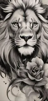 Black and white lion with a rose illustration.